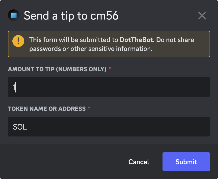 Send Tip form modal