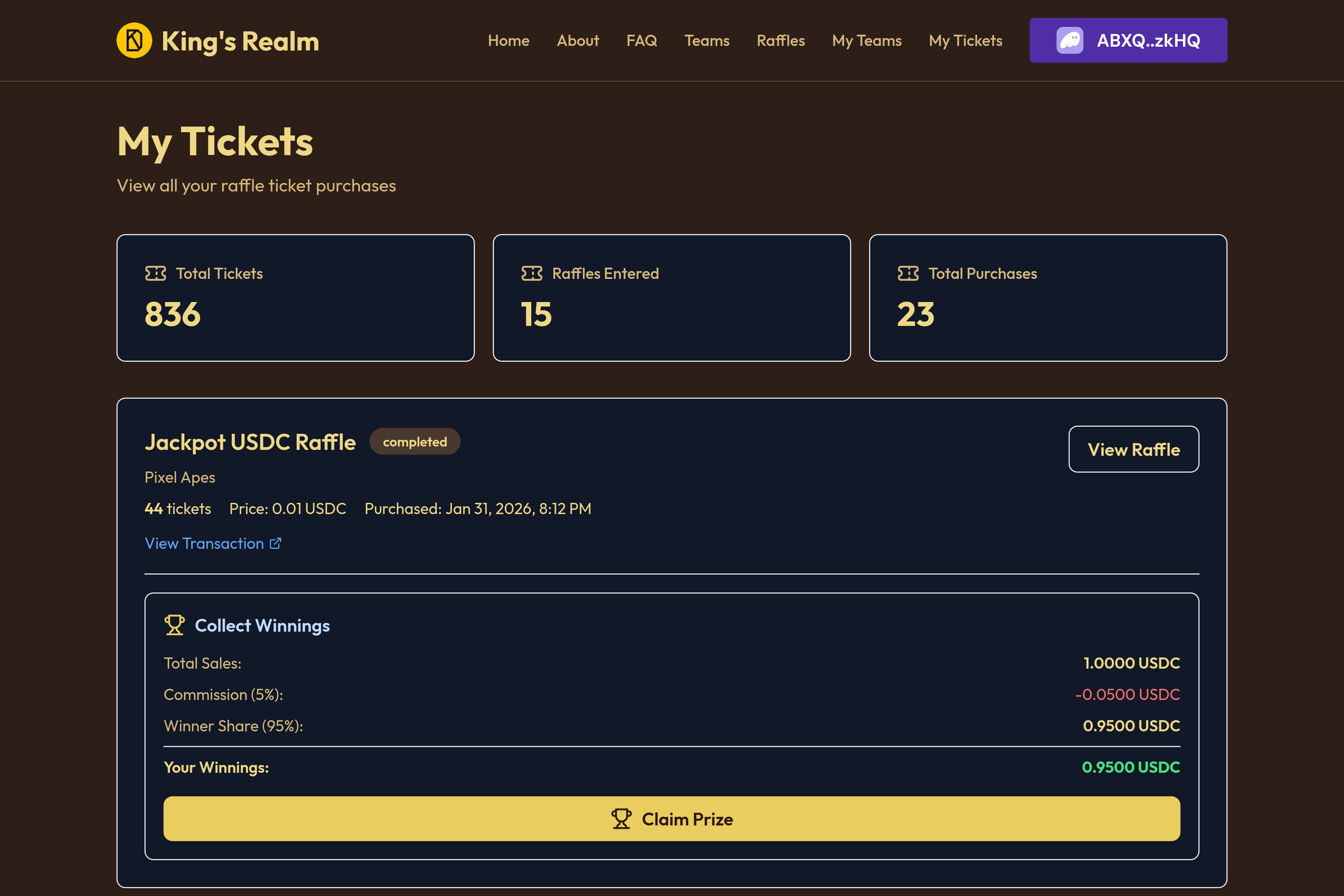 My Tickets — claim prize for a won raffle