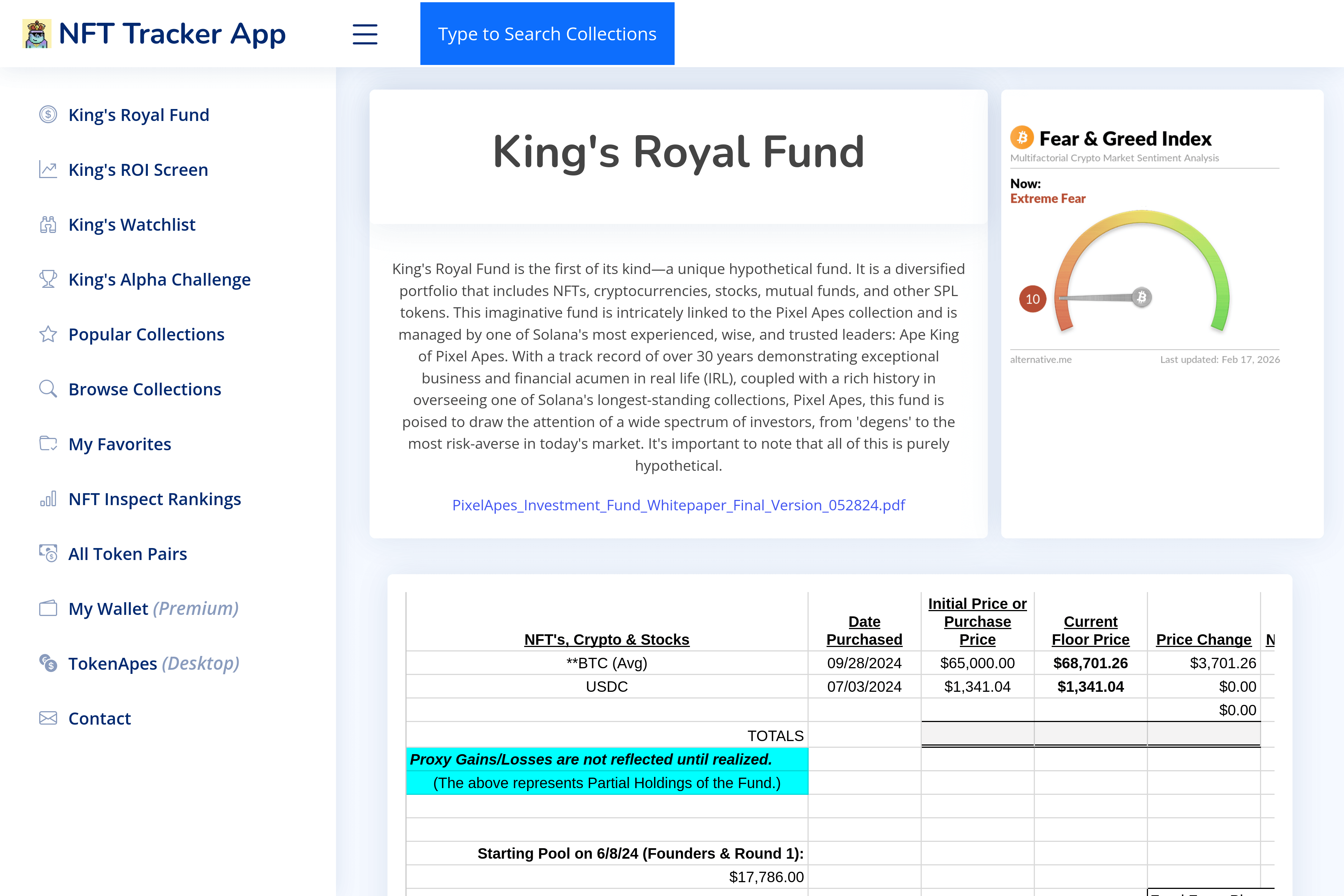 King's Royal Fund dashboard — NFT Tracker App